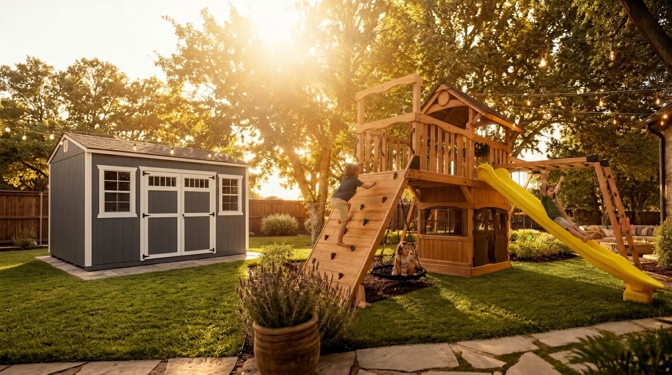 A backyard playset setup with slides, swings, and climbing features in a family yard.