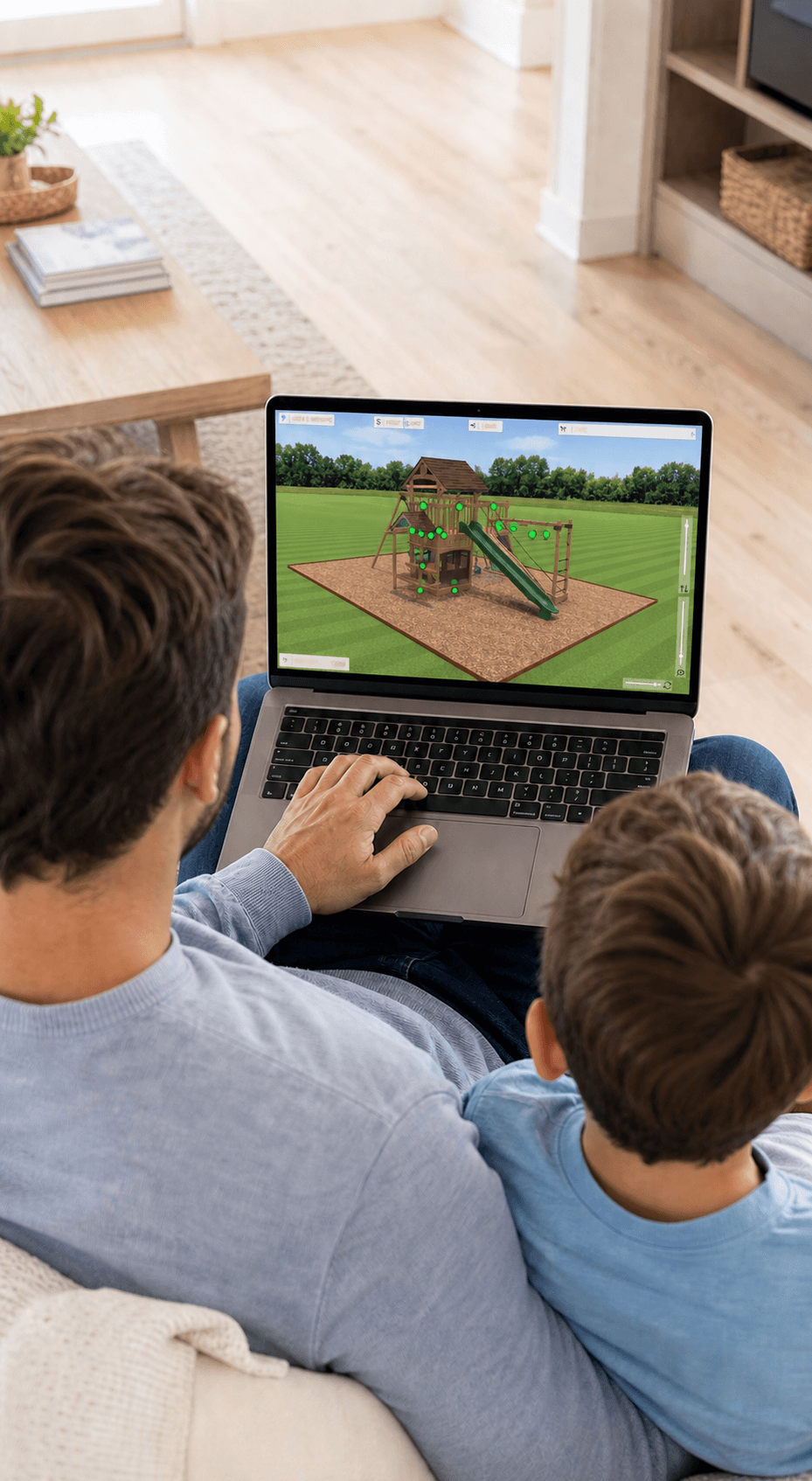 A parent and child designing a Backyard Adventures playset online.