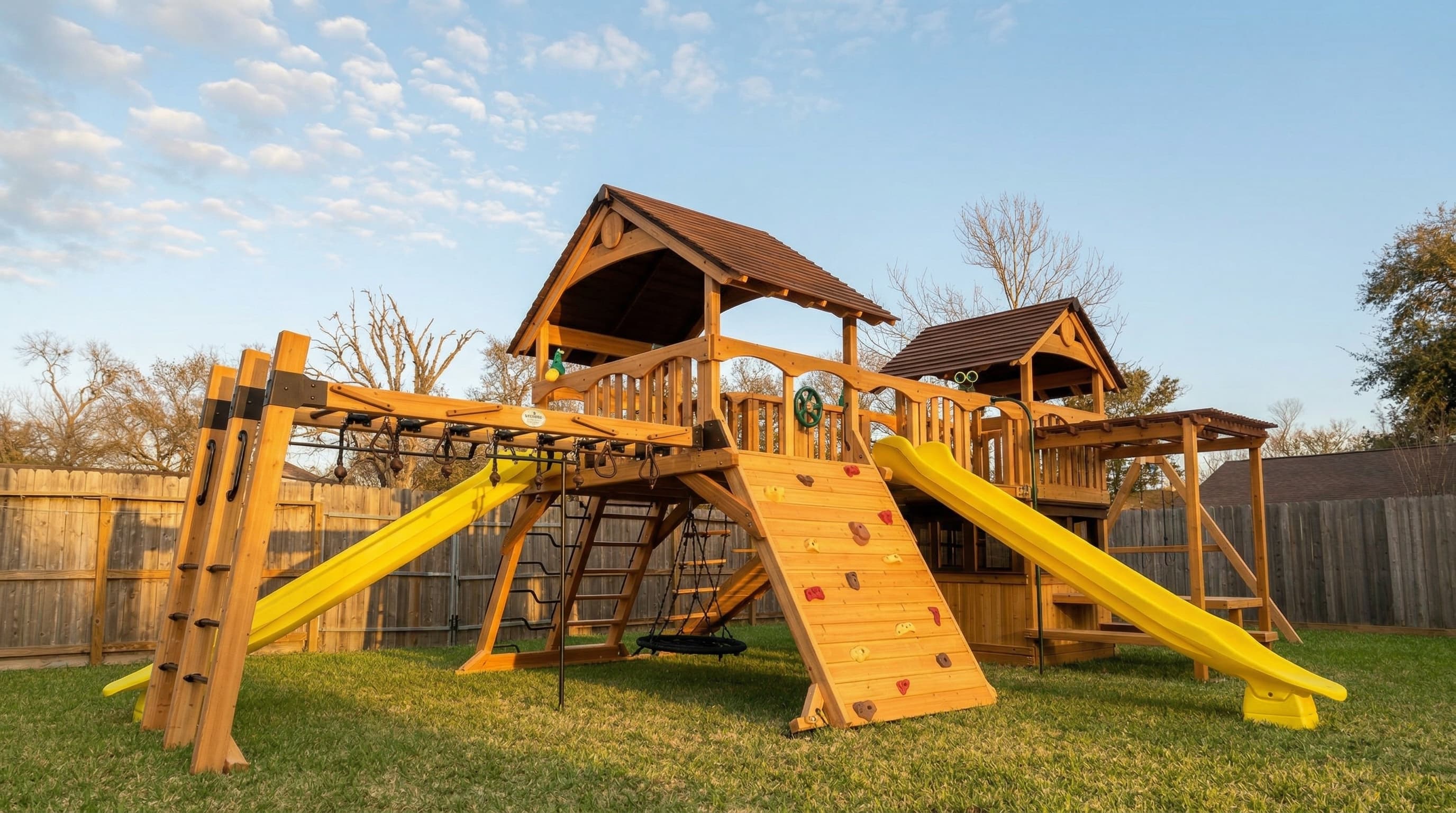 Backyard Adventures playset with a cedar clubhouse, slide, and climbing features in a family backyard.