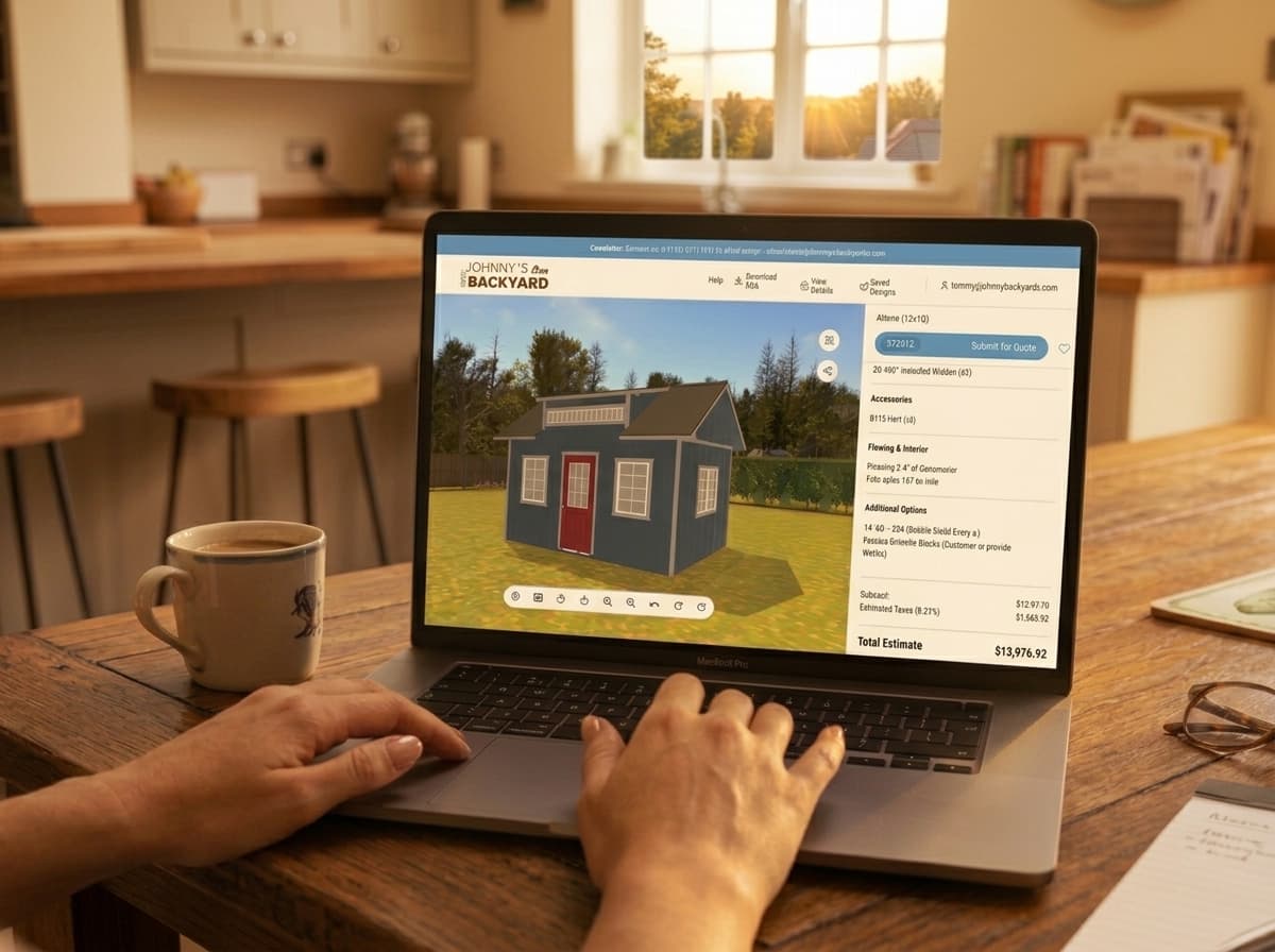 Johnny's Backyard 3D shed design tool showing a custom shed and exact estimate on a laptop screen