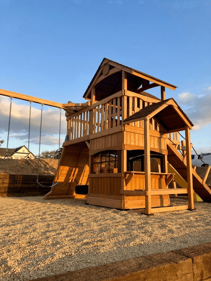 Backyard Adventures custom gravel playset install with modular towers.